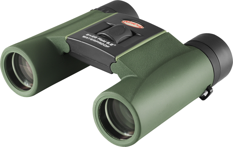 800q-04_117432 KOWA SV II 8X25 -kiikarit ovat vihreät, vedenpitävät ja merkinnällä "Rugged" varustetut, ja niissä on kuvioidut kahvat, kaksi suurta linssiä ja musta keskimmäinen tarkennusnuppi.
