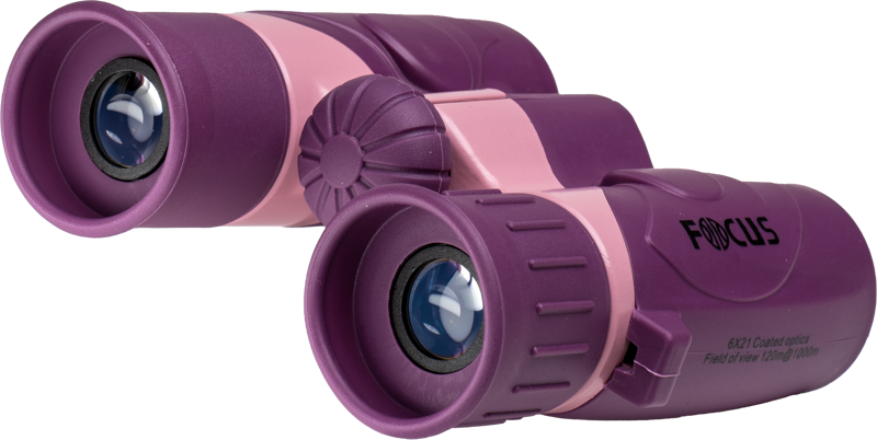 800q-04_119778 Focus Junior 6x21 Pink binoculars with FOCUS imprint on the side, viewed from an angle where both the eyepieces and lenses are visible.