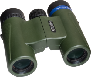 800q-04_121009 A pair of green Focus Outdoor II 8x25 compact binoculars with black eyepieces, one with a blue OUTDOOR II ring and the FOCUS logo on the hinge.