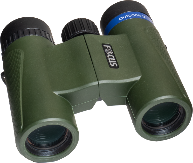 800q-04_121009 A pair of green Focus Outdoor II 8x25 compact binoculars with black eyepieces, one with a blue OUTDOOR II ring and the FOCUS logo on the hinge.