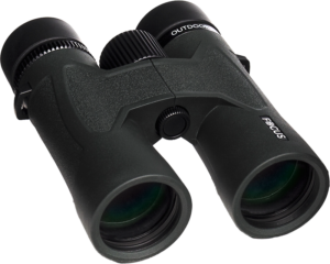 800q-04_124818 The Focus Outdoor II 10x42 binoculars with black textured handles are visible from the front against a light background.
