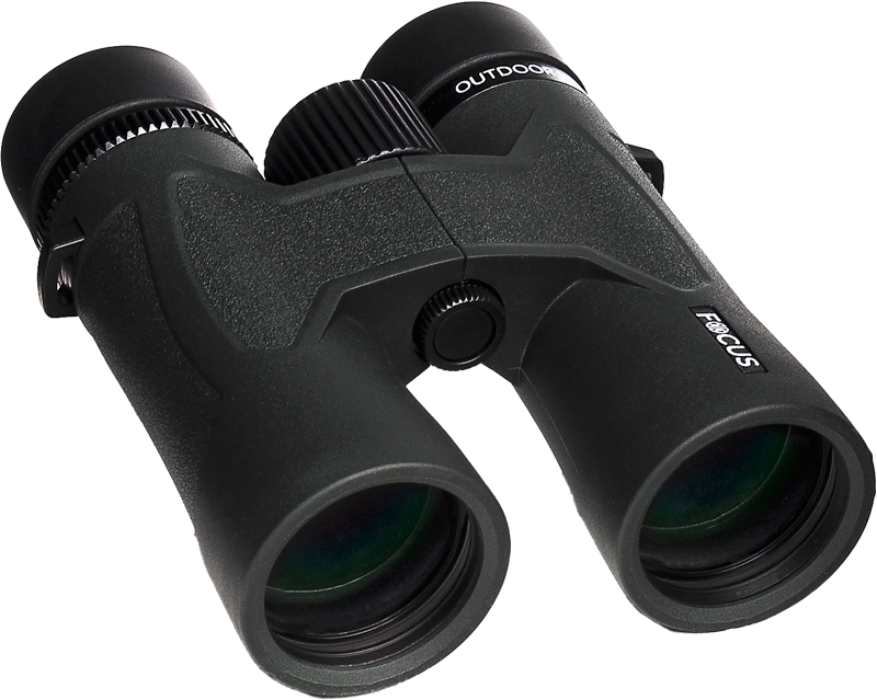 800q-04_124818 The Focus Outdoor II 10x42 binoculars with black textured handles are visible from the front against a light background.