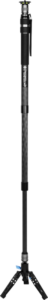 Sirui SVM-145 Rapid System Monopod on kokoontaitettava musta kameratuki, jossa on pieni kolmijalkainen jalusta, kumikahva ja säädettävät osat.