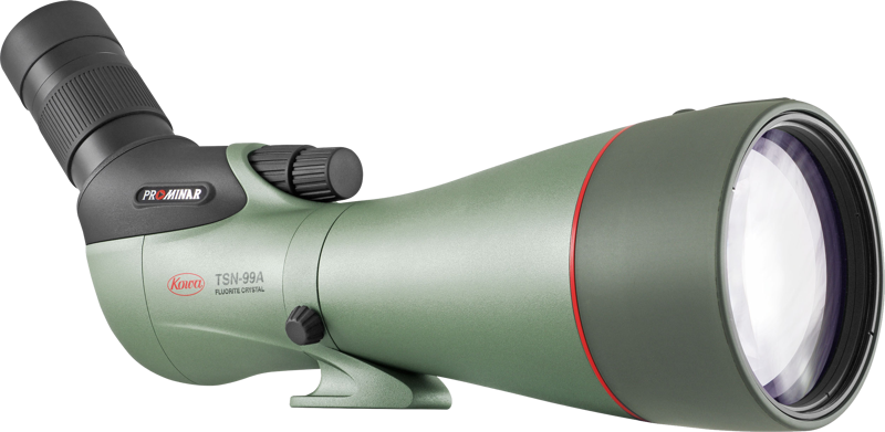 Vihreä KOWA Spottingscope TSN-99A PROMINAR 30-70xW zoom, jossa on musta kulmikas okulaari, suuri objektiivi, sileä viimeistely ja punainen rengas etupuolen lähellä.