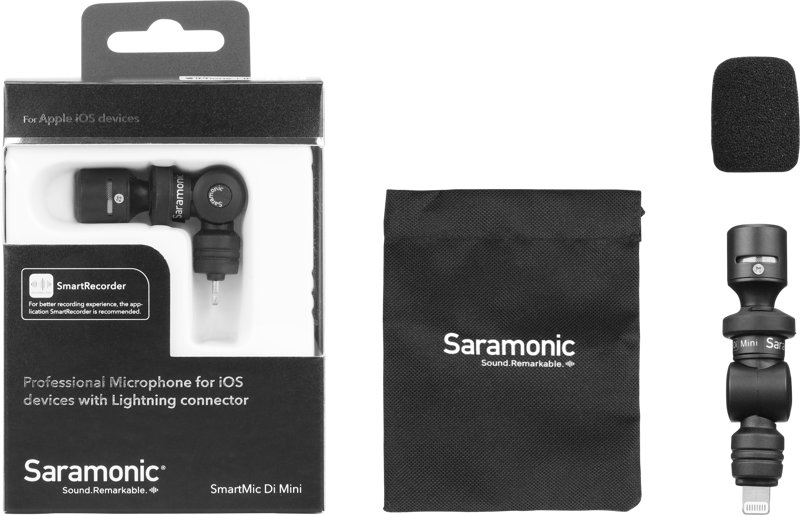 800q-08_117406 Saramonic SmartMic Di Mini Lightning-liittimellä iOS-laitteille näkyy pakkauksen, kantopussin, mikrofonin ja tuulisuojan kanssa.