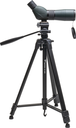 800q-08_118708 The Focus Outdoor 15-45x60 binoculars are mounted on a WF3950 tripod with adjustable feet and panoramic grip, when viewed from the side against a white background.
