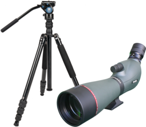 800q-116198 The Focus Viewmaster 16-48x65, with a black and green frame with eyepiece attached, is on display next to the Sirui Traveler 7VA, a black adjustable tripod with extended legs and handle.