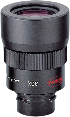 800q-KOWA-60066082SV-EYEP Lähikuva KOWA Eyepiece for TSN-600/660/82SV 30x Wide Twist -objektiivista, jossa on kuvioitu tarkennusrengas ja punainen logo, seisoo pystyssä valkoisella pohjalla.