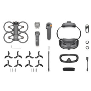 Avata2_006 The DJI Avata 2 Fly More Combo (1 battery) drone kit is neatly arranged on a white background and shows the drone, propellers, controller, battery, VR glasses, charging unit, cables, strap, screws and accessories.