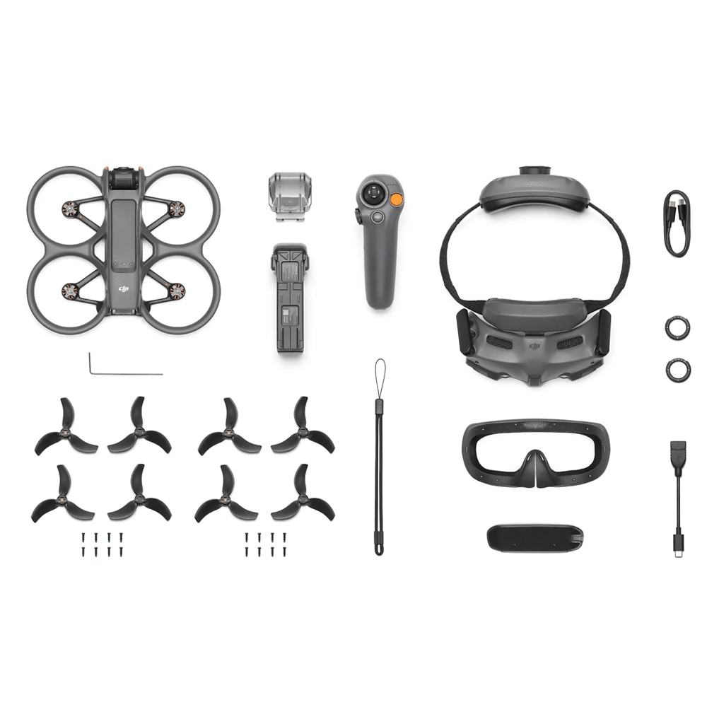 Avata2_006 The DJI Avata 2 Fly More Combo (1 battery) drone kit is neatly arranged on a white background and shows the drone, propellers, controller, battery, VR glasses, charging unit, cables, strap, screws and accessories.