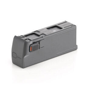 DJI Avata 2 Intelligent Flight Battery -akku on suorakulmainen, harmaa ladattava akku, jossa on kuvioitu pinta, merkkivalot ja oranssi painike valkoisella pohjalla.