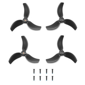Open2_013 Four black DJI Avata 2 propellers, each with three blades, are arranged in a square on a white background, and eight small black screws are neatly placed in two rows below.