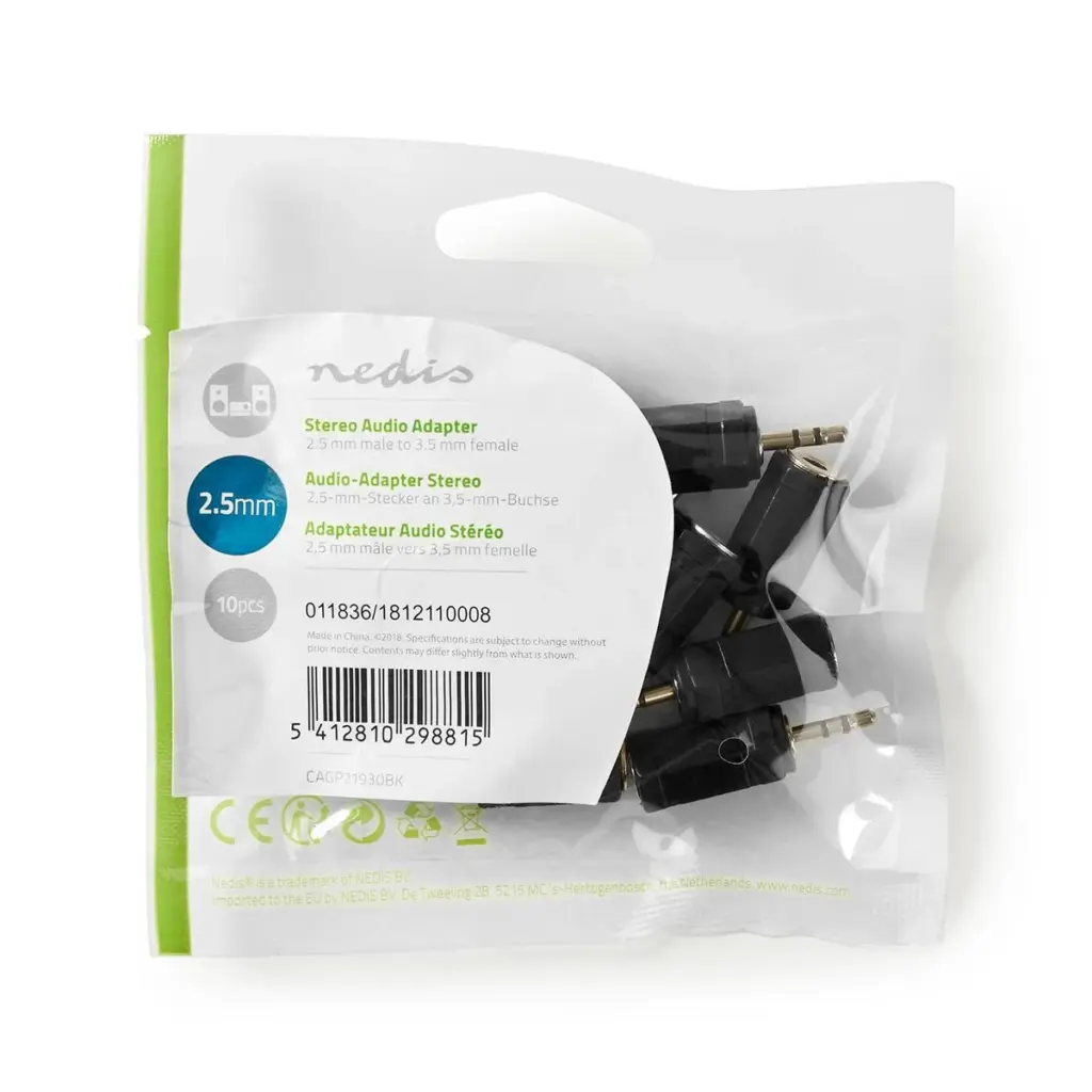 Kirkas muovipakkaus, jossa on 10 Nedis Stereoaudiosovitin uros 2,5 mm - naaras 3,5 mm -adapteria, joissa on englannin-, saksan- ja ranskankieliset etiketit ja viivakoodi etupuolella.