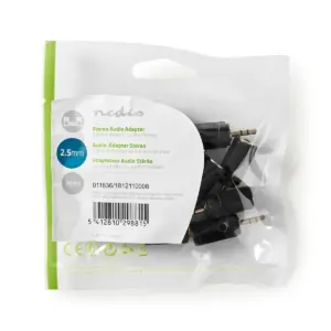 Kirkas muovipakkaus, jossa on 10 Nedis Stereoaudiosovitin uros 2,5 mm - naaras 3,5 mm -adapteria, joissa on englannin-, saksan- ja ranskankieliset etiketit ja viivakoodi etupuolella.
