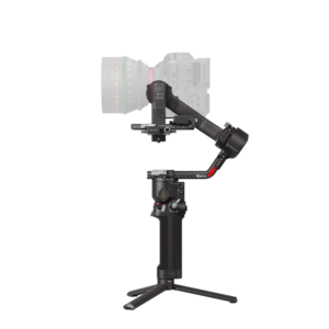 HG704-右侧 The DJI RS 4 gimbal, a black handheld gimbal with a DSLR camera attached, is displayed on a small folding stand against a white background.
