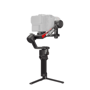 HG704-后侧45度 The DJI RS 4 gimbal is a black handheld gimbal with a white "RONIN" with a red stripe down the stem, pictured mounted with a semi-transparent camera and standing on a folding stand.
