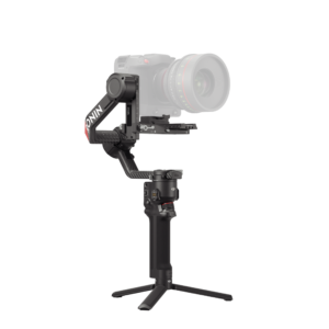 HG704-左45度 The DJI RS 4 gimbal handheld camera stabilizer, with a tripod and visible "Ronin" branding on its arm, is displayed with a mounted professional camera against a white background.