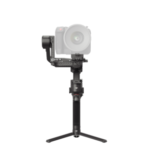 HG704-正面 The DJI RS 4 gimbal, a professional camera gimbal with a tripod stand, is presented on a plain white background.