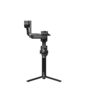 HG704-正面无相机 The DJI RS 4 gimbal, a handheld black camera gimbal with a camera mounted on it, stands upright on its stand against a white background.