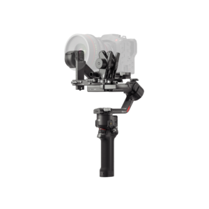 HG704双电机-右45度 The DJI RS 4 gimbal camera handheld displays the digital camera and lens attached, with a motorized arm and ergonomic handle set against a plain white background.