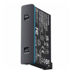Insta360_X4_009 Rectangular black Insta360 X4 rechargeable lithium-ion battery with a textured handle on one side and various certification symbols and technical information printed on the surface.