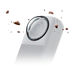 Insta360_X4_014 Close-up of Insta360 X4 Premium Lens Guards with small debris flying around them, highlighting their durability and impact resistance.