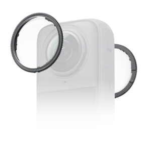 Insta360_X4_019 The Insta360 X4 Standard Lens Guards, with brushed round edges, are partially visible on the front and back of the round camera lens against a white background.