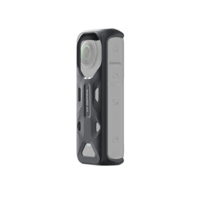 The Insta360 X4 Thermo Grip Cover is a compact, black accessory designed for the Insta360 X4 action camera. It has a durable outer surface that wraps around the camera and retains access to all side buttons and the large round lens on top.