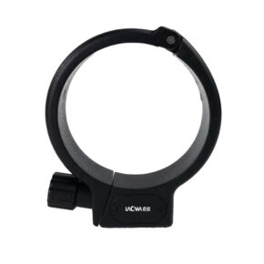 The black round Laowa Tripod Collar for 100mm f/2.8 CA-Dreamer Macro 2x has a tension knob, a small silver latch and the white LAOWA logo printed on the bottom.