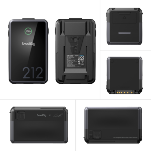 SmallRig_4293_002 The SmallRig 4293 V-Mount Battery VB212 Mini x Caleb Pike, shown in black and rectangular, features a digital charge indicator (100 %) on the front and detailed views of its rear, sides, charging ports and connector pins.