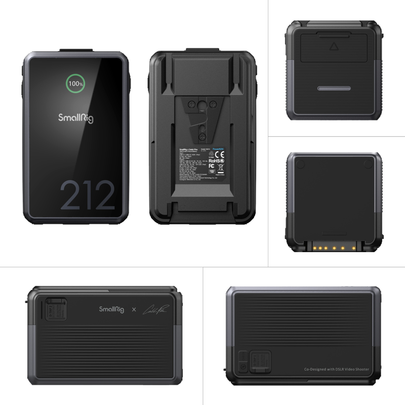 SmallRig_4293_002 The SmallRig 4293 V-Mount Battery VB212 Mini x Caleb Pike, shown in black and rectangular, features a digital charge indicator (100 %) on the front and detailed views of its rear, sides, charging ports and connector pins.