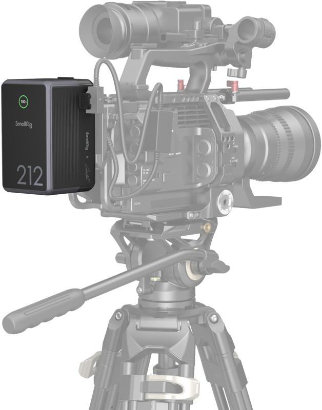SmallRig_4293_003 A professional video camera on a tripod with a SmallRig 4293 V-Mount battery VB212 Mini x Caleb Pike attached to the side, connected with several cables.