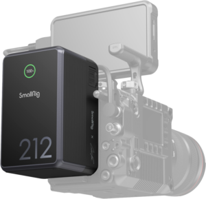 SmallRig_4293_004 The SmallRig 4293 V-Mount Battery VB212 Mini x Caleb Pike is mounted on the side of a professional digital camera and its LED display shows a full 100% charge.