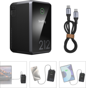 SmallRig_4293_005 The SmallRig 4293 V-Mount Battery VB212 Mini x Caleb Pike is a black portable power bank with a 100 % charging screen, includes a USB-C to USB-C cable, and is pictured charging a laptop, smartphone and tablet.