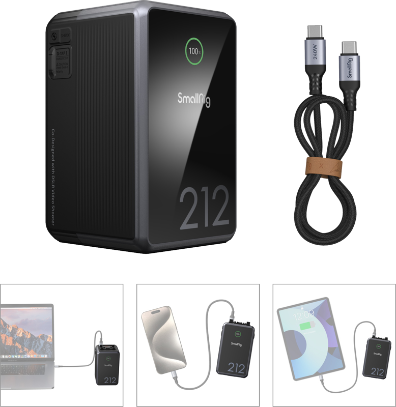 SmallRig_4293_005 The SmallRig 4293 V-Mount Battery VB212 Mini x Caleb Pike is a black portable power bank with a 100 % charging screen, includes a USB-C to USB-C cable, and is pictured charging a laptop, smartphone and tablet.