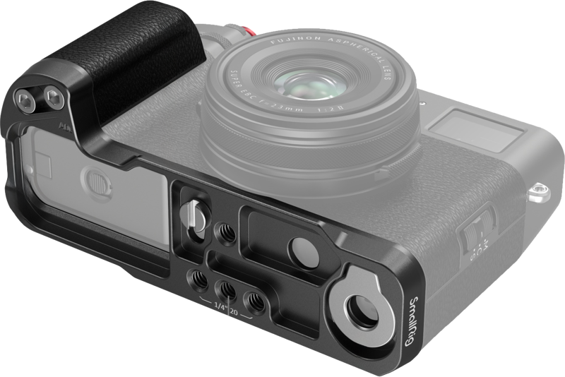SmallRig_4556_003 SmallRig 4556B L-shaped grip for Fujifilm X100VI/X100V (black) with various cut-outs, mounting holes and textured grip, attaches to the base of a semi-transparent mirrorless camera with lens.