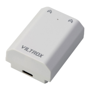 The Viltrox NP-FZ100 USB-C 2400mAh battery comes in white with a USB-C port, a small indicator light and arrow symbols at the top, all against a light background.