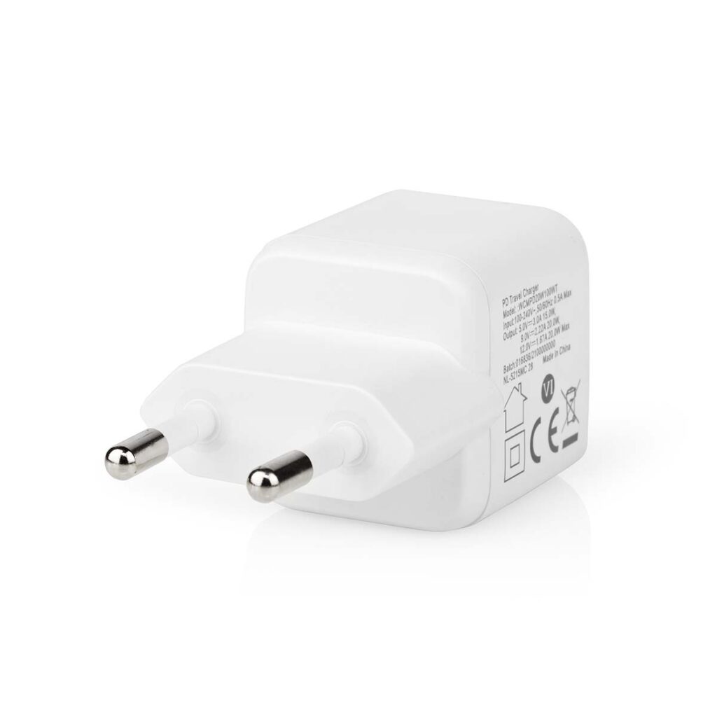 WCMPD20W100WT_P42 The Nedis 20W USB-C Wall Charger is a white European-style wall charger with two round metal plugs on a white base.