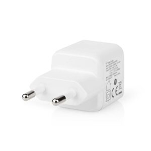 WCMPD20W100WT_P42 The Nedis 20W USB-C Wall Charger is a white European-style wall charger with two round metal plugs on a white base.