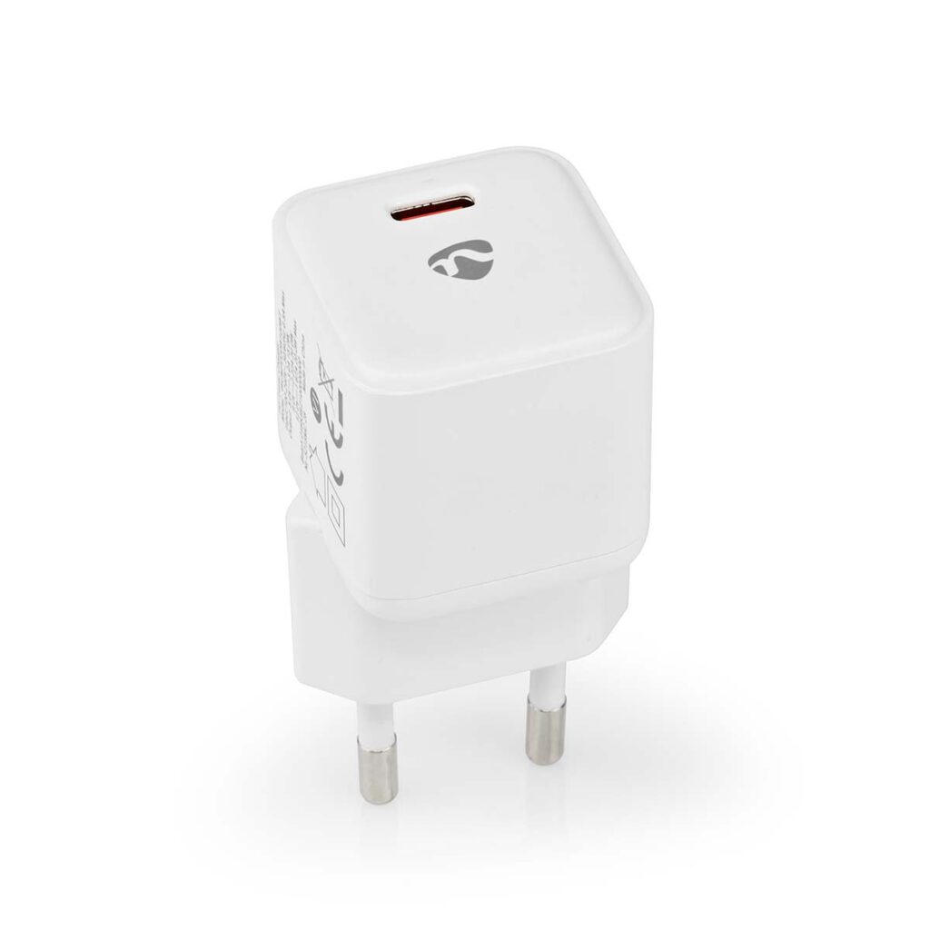 WCMPD20W100WT_P43 The Nedis 20w USB-C Wall Charger is a white wall charger with one USB-C port, two round metal plugs for sockets and a small logo on the surface.
