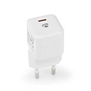WCMPD20W100WT_P43 The Nedis 20w USB-C Wall Charger is a white wall charger with one USB-C port, two round metal plugs for sockets and a small logo on the surface.