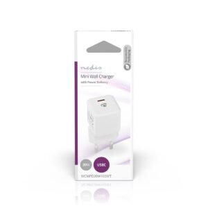 WCMPD20W100WT_P66 The retail packaging of the Nedis 20w USB-C Wall Charger features a picture of a white charger with USB-C port, 20W power and europlug connectors. The package contains detailed product information.
