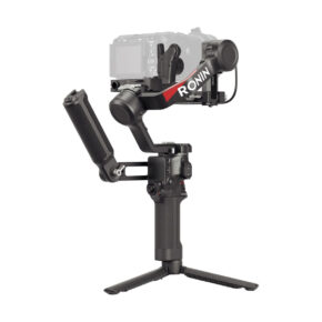 dji_ronin_rs_4_combo A black DJI RS 4 Pro Combo gimbal handheld camera gimbal with tripod mount and mounted digital camera marked "RONIN" is shown against a white background.