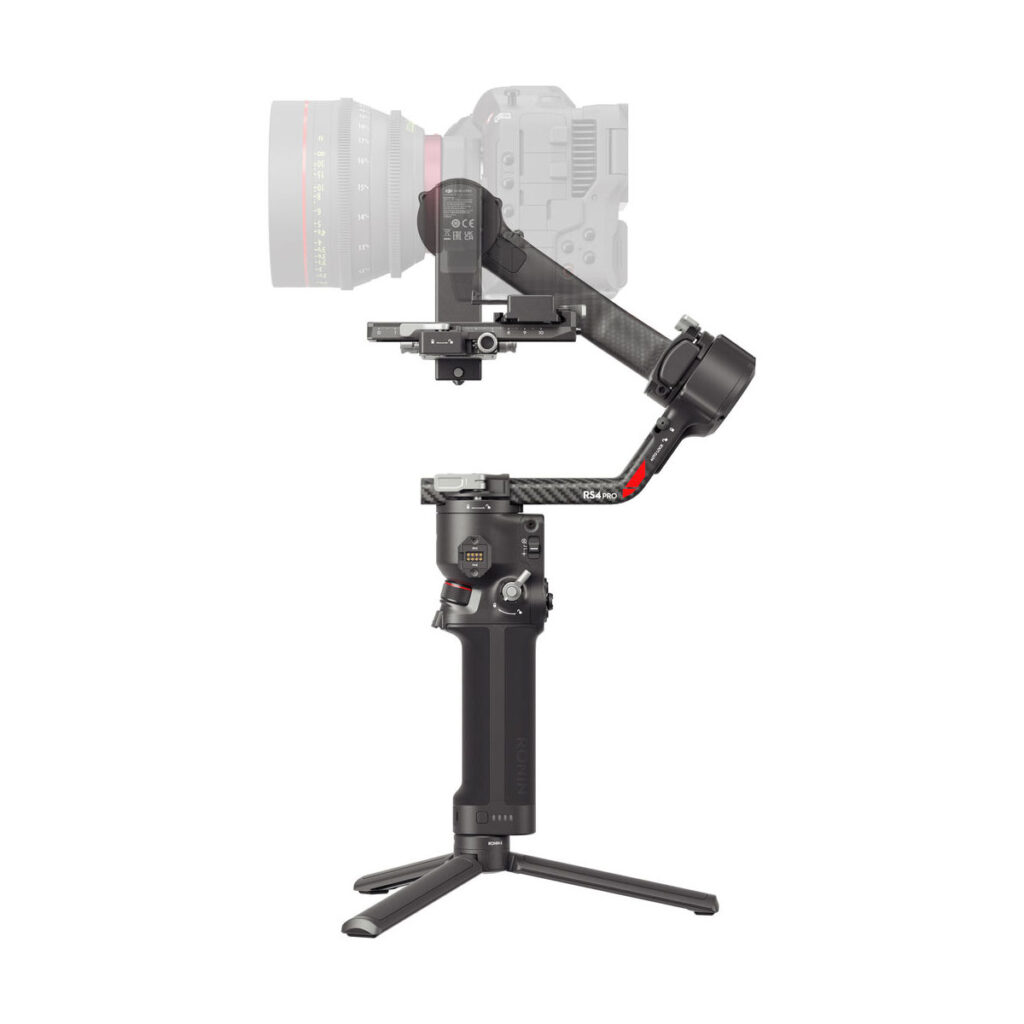The DJI RS 4 Pro gimbal, pictured upright on a tripod stand, has an ergonomic handle and multiple control knobs. A semi-transparent camera is mounted on top to demonstrate its professional stabilisation capabilities.