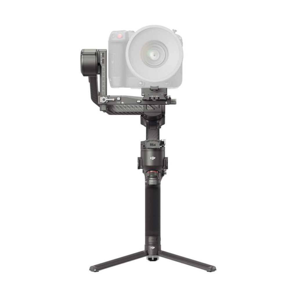 The DJI RS 4 Pro gimbal handheld camera stabilizer, pictured mounted on a DSLR camera with its vertically adjustable arm and visible control buttons, is displayed on a foldable stand against a white background.