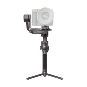 The DJI RS 4 Pro gimbal handheld camera stabilizer, pictured mounted on a DSLR camera with its vertically adjustable arm and visible control buttons, is displayed on a foldable stand against a white background.