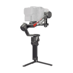 Black DJI RS 4 Pro gimbal handheld camera gimbal with red RONIN marking, pictured with the semi-transparent camera mounted on top and a small tripod on its base.