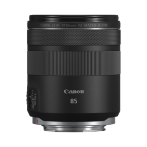 rf85mm-f2-macro-is-stm-frt-02_1x1_5aeffa5de56c4aa7a4f2e24a0a0c9095 The Canon RF 85mm F2 Macro IS STM stands upright on a plain white background, with its controls and branding clearly visible.