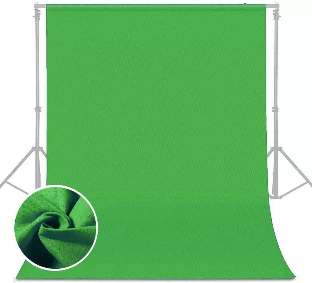 s-l1200 Lencarta Green Screen Background 2x3m on esitetty metallitelineellä, ja lähikuva korostaa kankaan rakennetta.