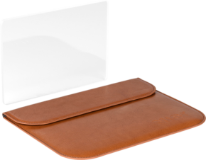 800q-01_107062 The NiSi Cine Filter Uncoated White Pure Clear 4x5.65 disc filter is partially slid from a brown leather sleeve with a flap, and is shown against a plain light background.